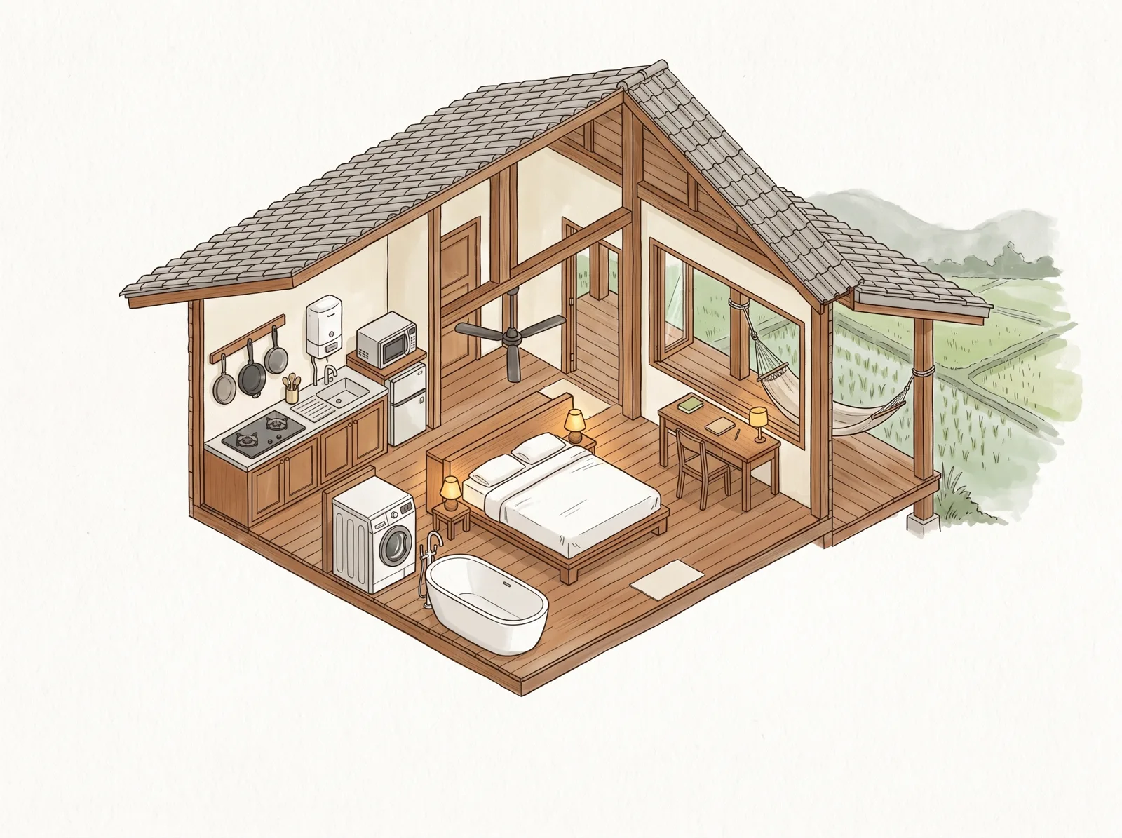 Illustrated cutaway of a bungalow: kitchen, water purifier, washing machine, bed, ceiling fan and a porch with a hammock