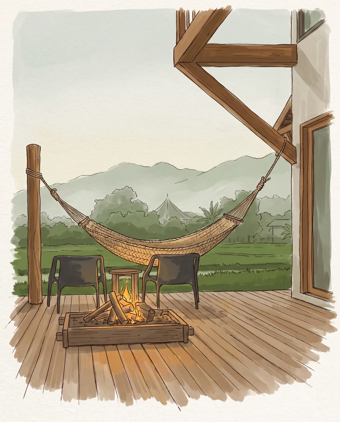 Illustration of the deck at dusk, the fire lit and a hammock beside it